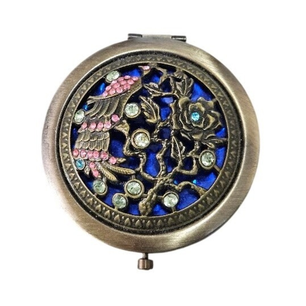 Vintage Style Peacock Filigree Pocket Compact Mirror Bronze Rhinestone Blue